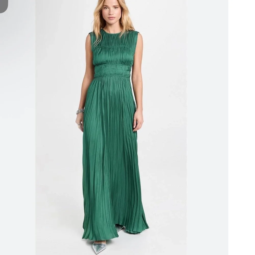 Ulla Johnson Delia Gown Jadeite Green Pleated Satin Maxi Dress Sleeveless Gown - Picture 2 of 10